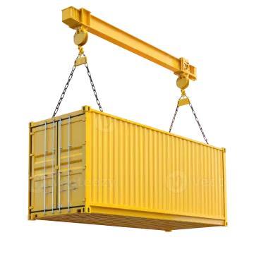 a yellow container being lifted by a crane