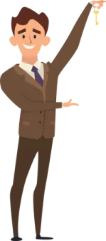 a man in a suit pointing at something