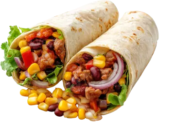 a burritoa on a wooden plate
