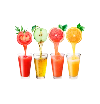 four glasses filled with different fruits and juices