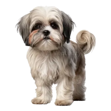 a small white and black dog standing on a white background