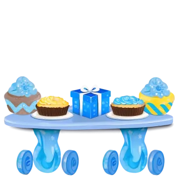 a blue table with cupcakes and cakes on it