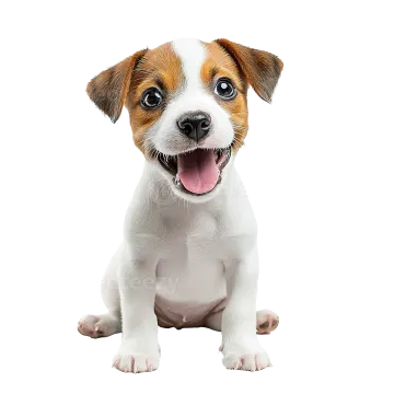 a small white and brown dog with its tongue out