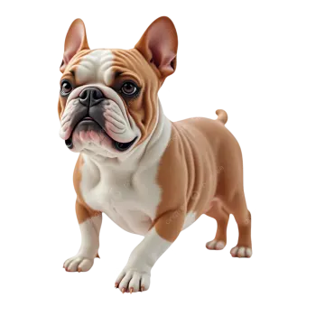 a brown and white french bulldog standing on a white background