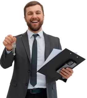 a man in a suit and tie holding a clipboard
