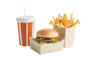 a hamburger and french fries in two boxes