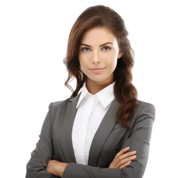 a woman in a business suit with her arms crossed