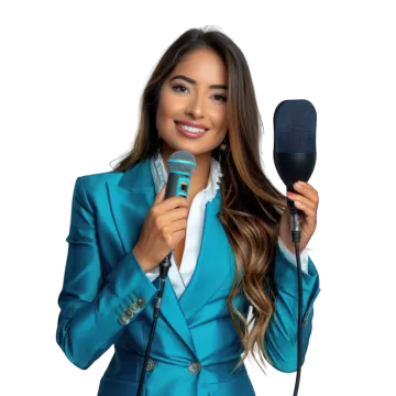 a woman in a suit holding a microphone