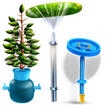 a blue watering hose next to a green plant