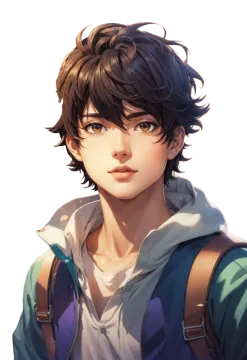 an anime boy with brown hair and a blue hoodie