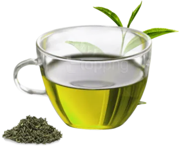 a glass cup filled with green tea and leaves