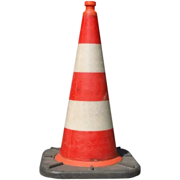 a red and white traffic cone on a white background