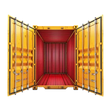 a red and yellow shipping container with open doors