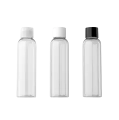a set of three clear bottles with black caps