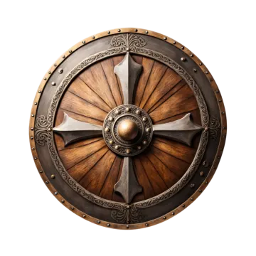 a close up of a wooden and metal shield