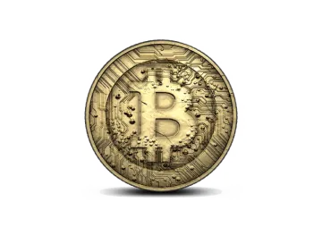 a gold bit coin on a white background