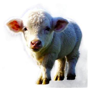 a small white cow standing in the snow