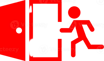 a red emergency door with a man running out of it