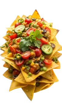 a plate of nachoa chips with tomatoes and avocas