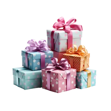 a pile of colorful gift boxes with bows