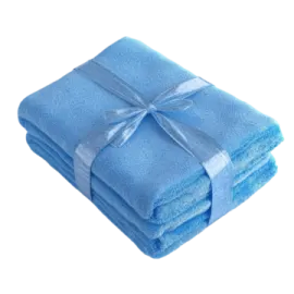a stack of blue towels with a bow