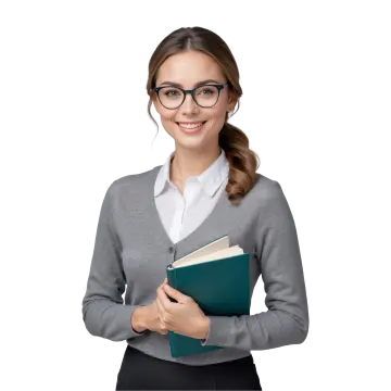 a woman in glasses holding a book and smiling
