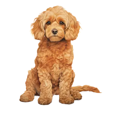 a small brown dog sitting down on a white background