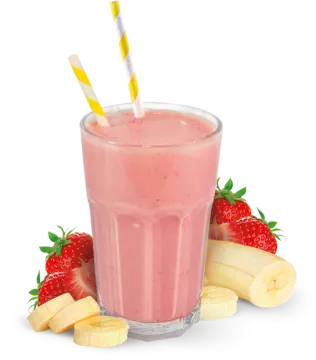 a glass filled with fruit and a straw