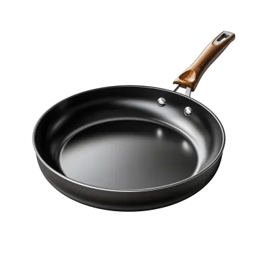 an empty frying pan with a wooden handle