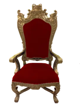a red chair with gold trimmings on it
