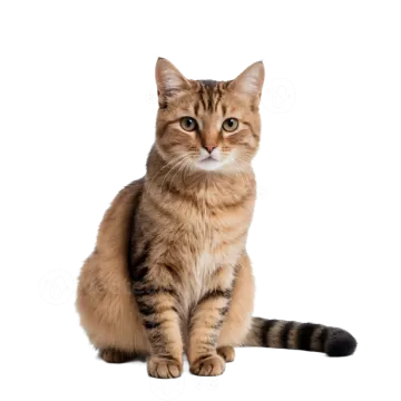 a brown and black cat sitting on a white background