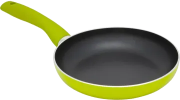 a frying pan with a green handle