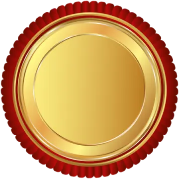 a gold medal with red ribbon around it