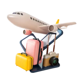 a toy airplane with luggage and a camera