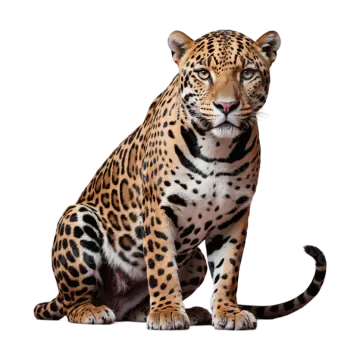 a leopard sitting down on a white background