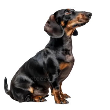 a black and brown dog sitting down looking up