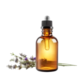 a bottle of lavender essential oil next to a flower