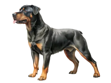 a black and brown dog standing on a white background