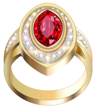 a gold ring with a red stone surrounded by diamonds