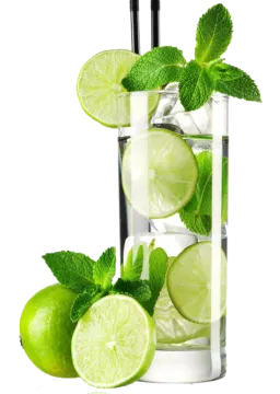 a glass of water with lime and mint
