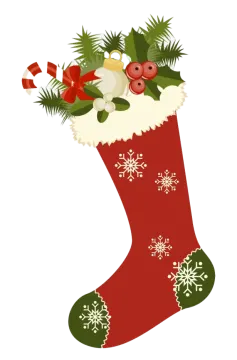 a christmas stocking with holly and bells