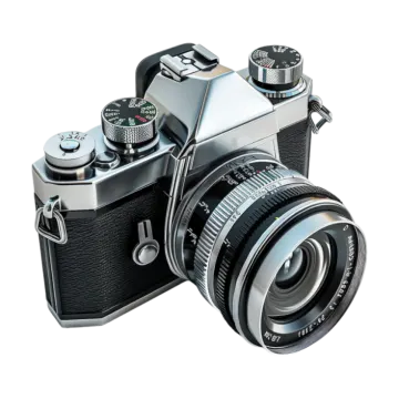 a silver camera on a white background