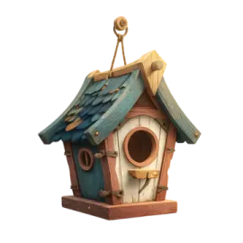 a wooden bird house with a blue roof