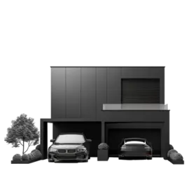 a black car parked in front of a house