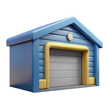a blue dog house with a yellow door