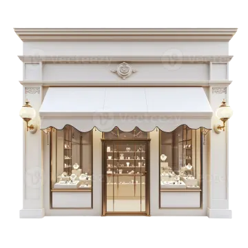 a white and gold storefront with glass windows