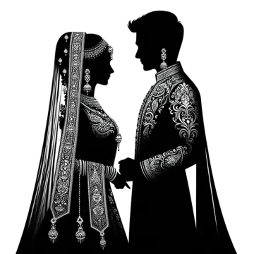 black and white silhouette of a bride and groom