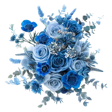 a bouquet of blue flowers and leaves