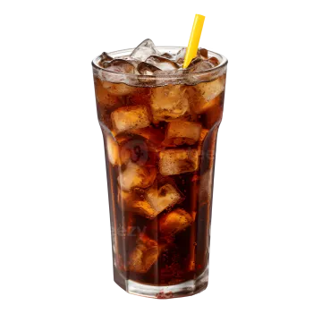a glass of cola with ice on a white background