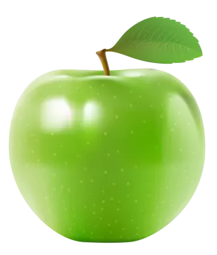 a green apple with a leaf on top